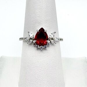 Bomb Party Pear Cut Lab-Simulated Ruby & CZ Rhodium Plated Ring Size 8